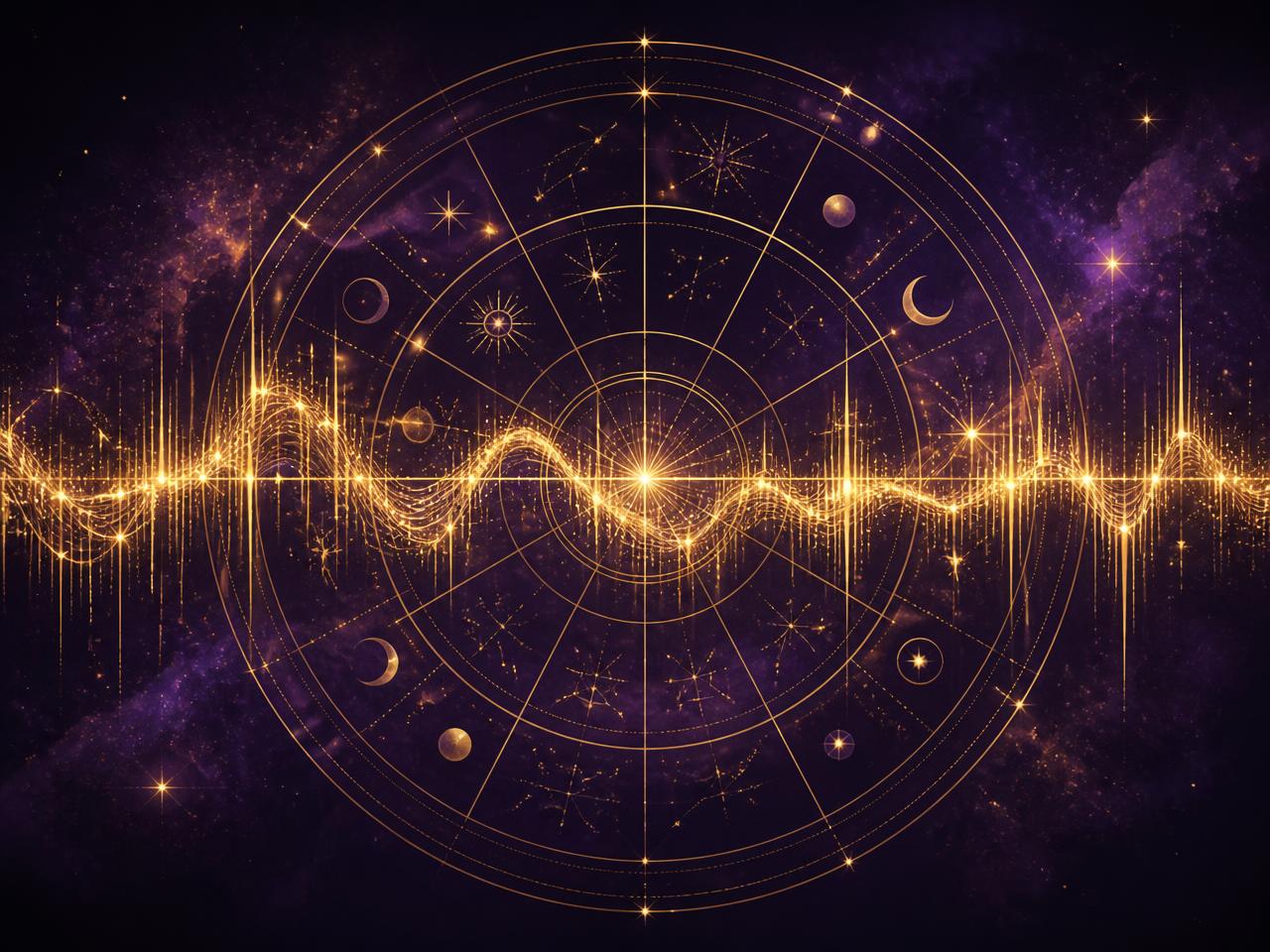 Golden sound wave crossing an astrological chart wheel